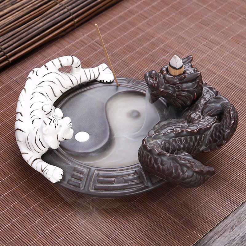 Buddha Stones Tiger Dragon Backflow Smoke Fountain Ceramic Yin Yang Blessing Incense Burner Decoration - Tiger Dragon Incense Burner - image 0