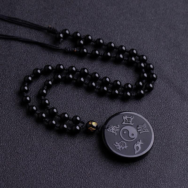Buddha Stones Natural Black Obsidian Taoism Five Sacred Mountains Nine-Character Mantra Carved Strength Yin Yang Necklace Pendant Key Chain - Black Obsidian&Bead Chain - image 4