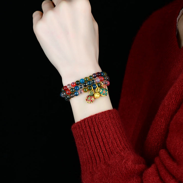 Buddha Stones Colorful Candy Agate Gold Swallowing Beast Family Strength Charm Triple Wrap Bracelet - image 7
