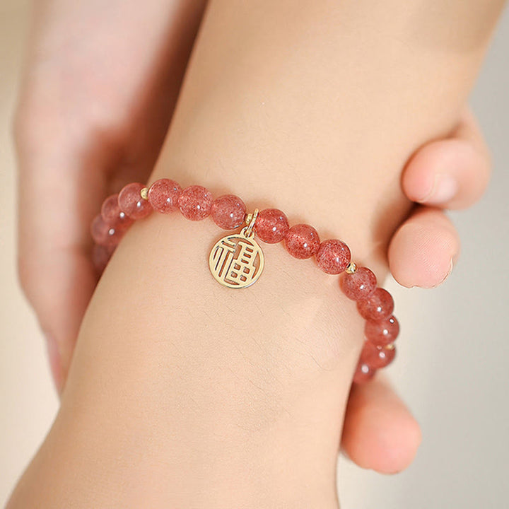 Buddha Stones 14K Gold Plated Strawberry Quartz Fu Character Healing Charm Bracelet - image 15