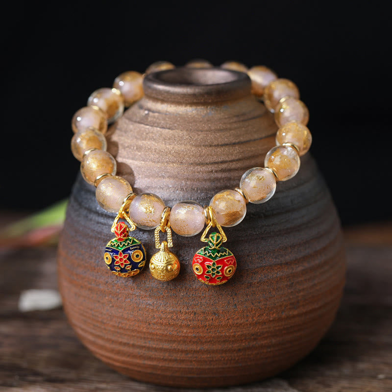 Buddha Stones Gold Swallowing Beast Family Charm Gold Silver Foil Liuli Glass Bead Blessings Bracelet - Pink Gold - 10mm(18 Beads) - image 7