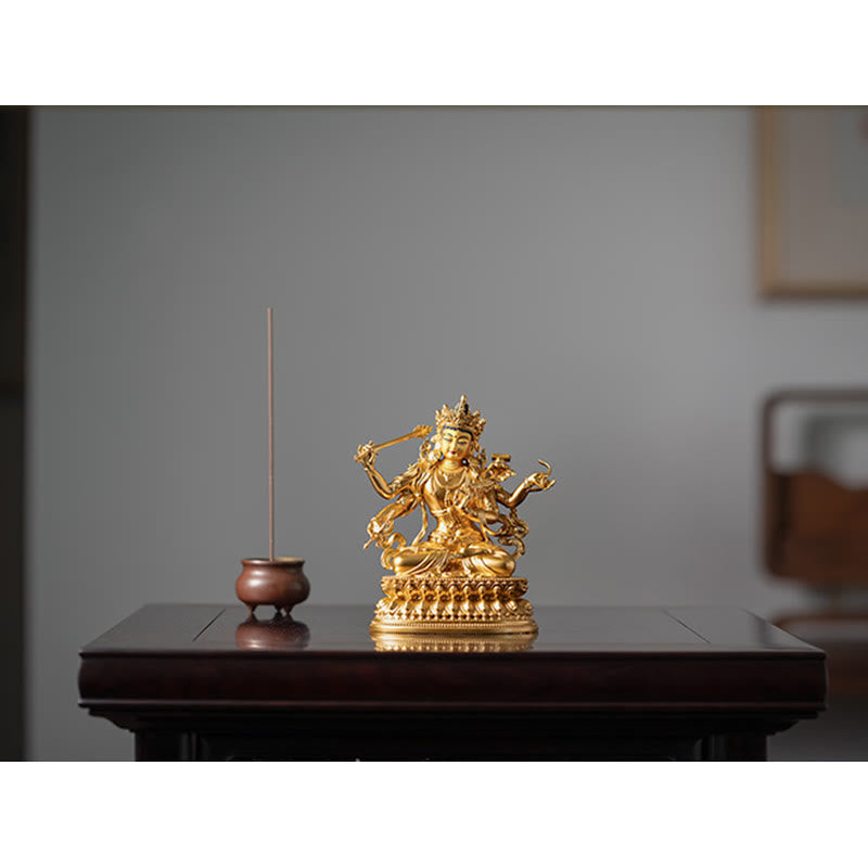 Buddha Stones Four-armed Manjusri Bodhisattva Gold Figurine Compassion Serenity Copper Statue Home Decoration - image 8