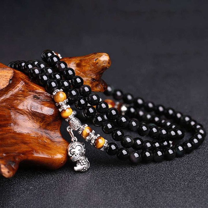 Chinese Zodiac 108 Beads Black Obsidian Tiger Eye Fortune Mala Bracelet - image 1