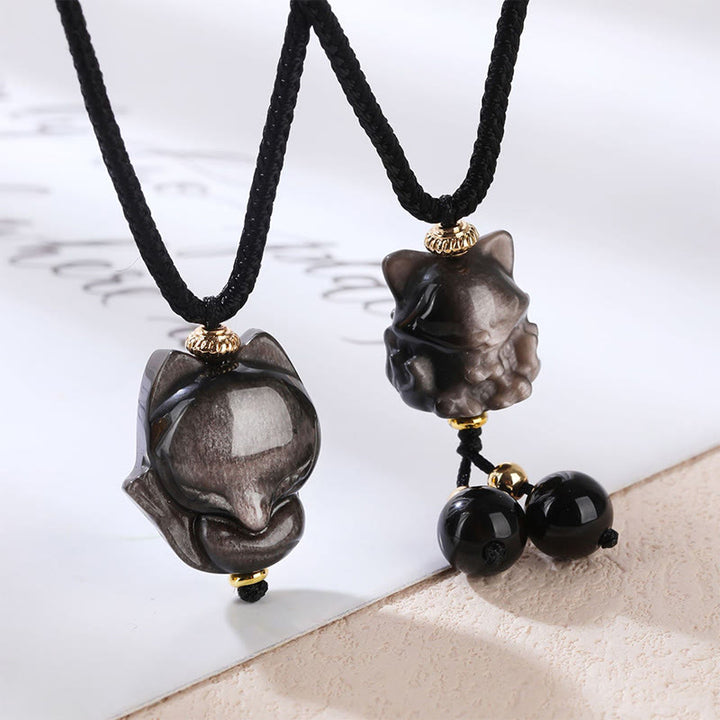 Buddha Stones Natural Silver Sheen Obsidian Nine Tailed Fox Protection Necklace Pendant - image 0