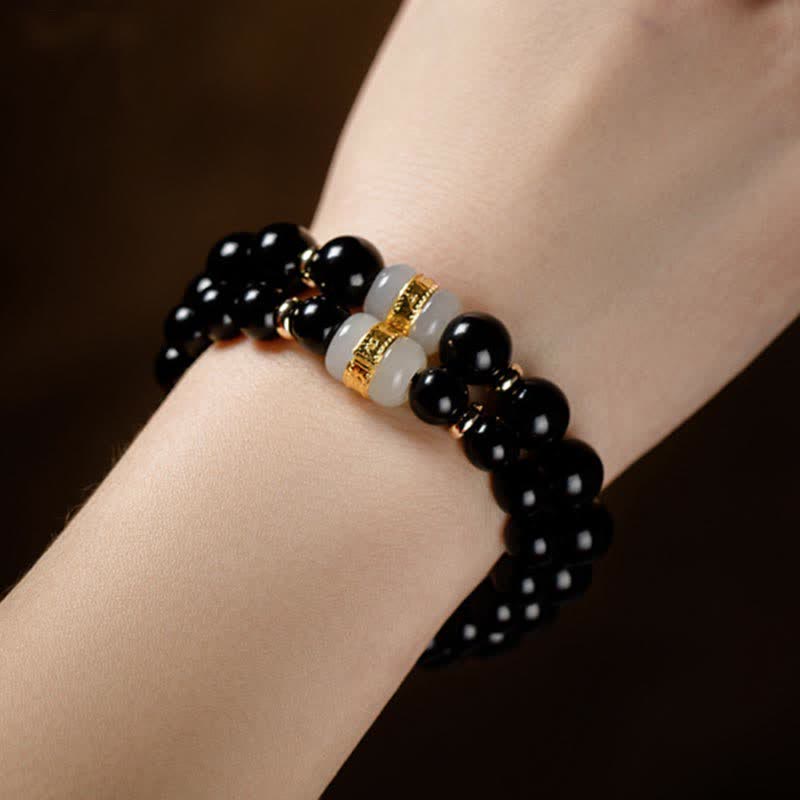 Buddha Stones Black Obsidian Jade Om Mani Padme Hum Strength Couple Magnetic Bracelet - image 10