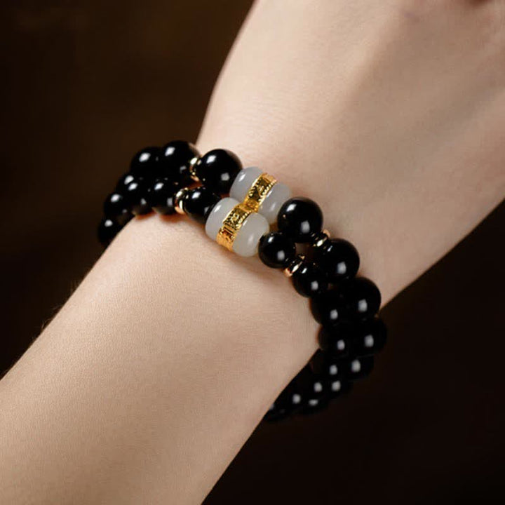 Buddha Stones Black Obsidian Jade Om Mani Padme Hum Strength Couple Magnetic Bracelet - image 10