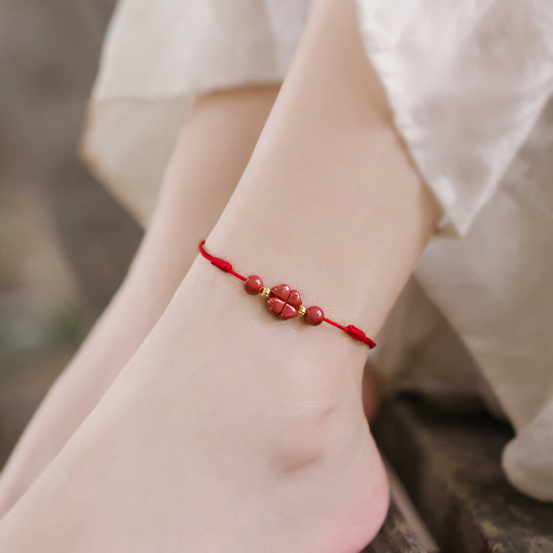 Buddha Stones Four Leaf Clover Cinnabar Blessing Calm String Bracelet Anklet - image 11