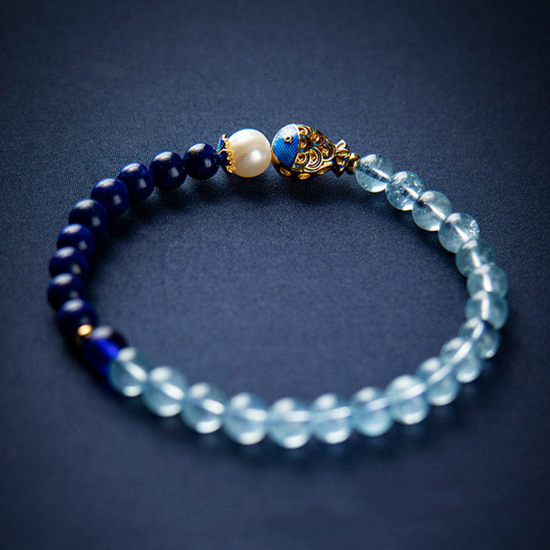 Buddha Stones Natural Aquamarine Lazurite Fish Healing Bracelet - Aquamarine&Lazurite - image 0