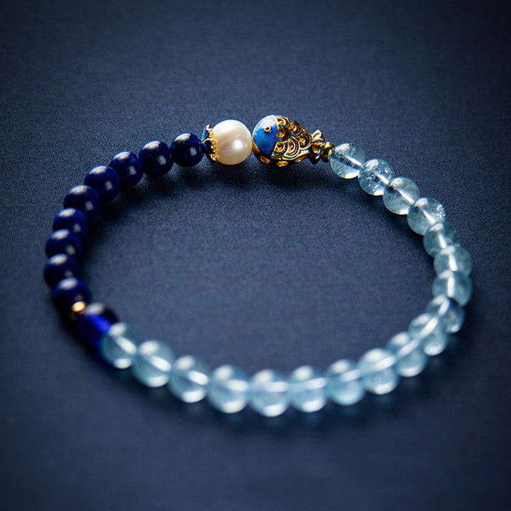 Buddha Stones Natural Aquamarine Lazurite Fish Healing Bracelet - Aquamarine&Lazurite - image 0