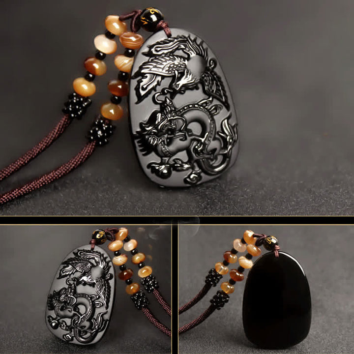 Buddha Stones Black Obsidian Tiger Eye Dragon Phoenix Protection Beaded Necklace Pendant - image 4