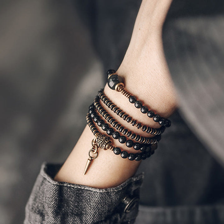 Buddha Stones Rainbow Obsidian Ebony Wood Copper Positive Multilayer Bracelet - image 12