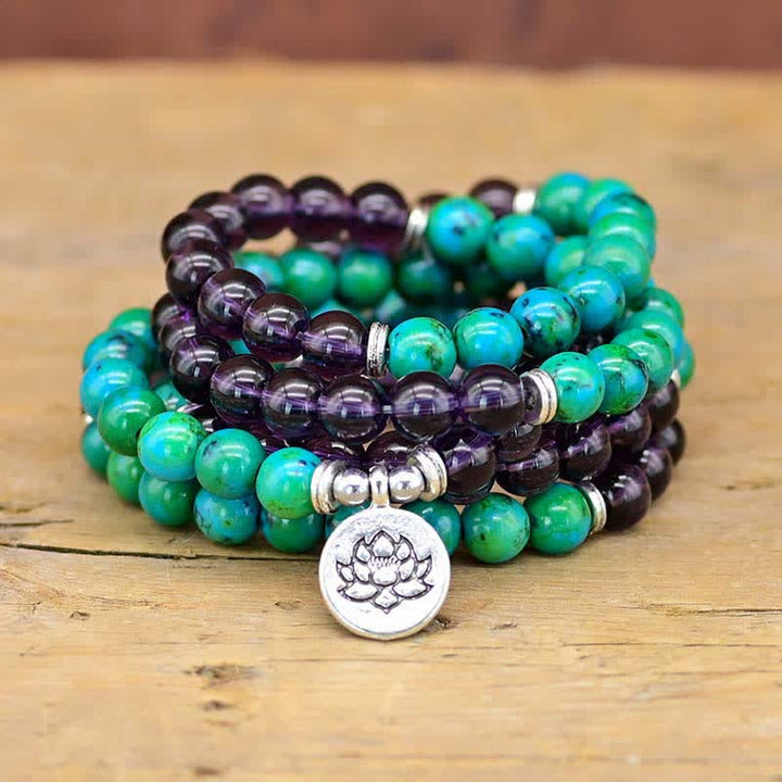 Buddha Stones Amethyst Green Aventurine Spiritual Lotus Charm Bracelet - Amethyst&Green Aventurine - image 0
