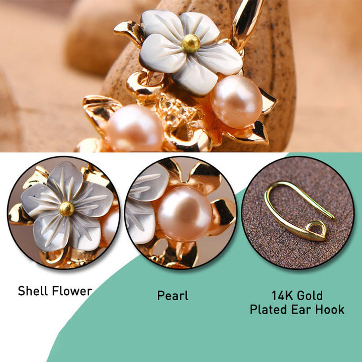 Buddha Stones 14K Gold Plated Tridacna Stone Flower Pearl Green Aventurine Bead Drop Earrings - image 4