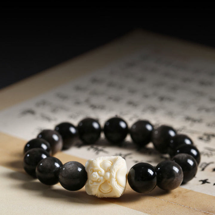 Buddha Stones Silver Sheen Obsidian Bodhi Seed Ivory Fruit Dancing Lion Protection Bracelet - Silver Sheen Obsidian(Communication♥Soothing) - 14mm - image 0