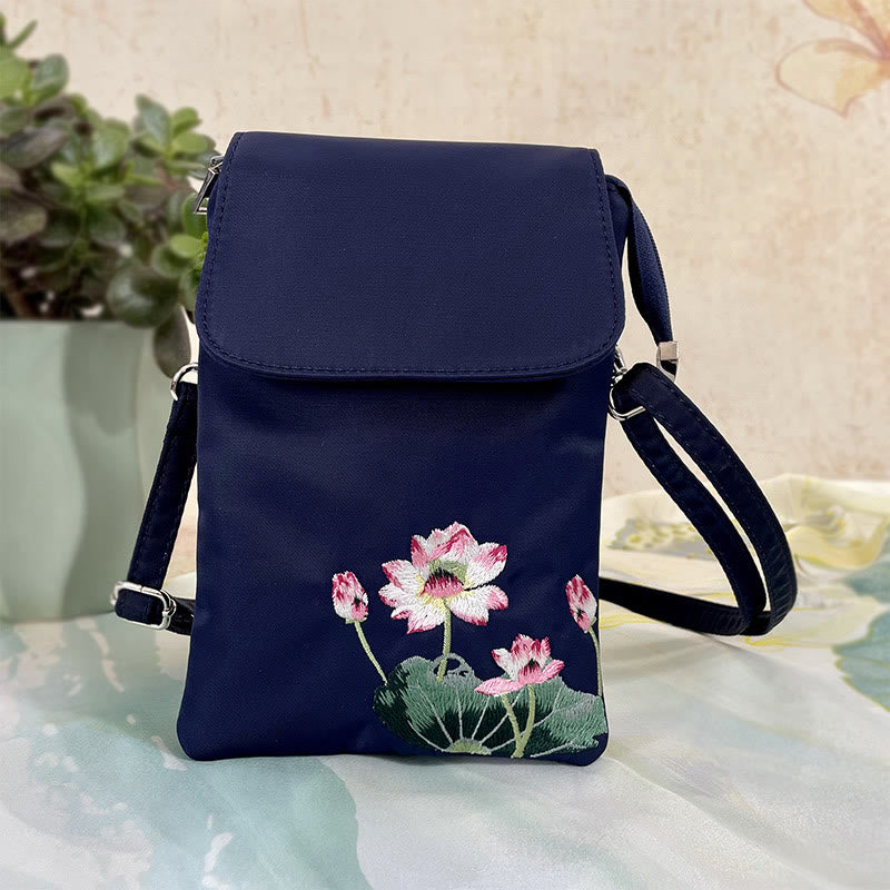 Buddha Stones Waterproof Handmade Embroidered Lotus Flowers Crossbody Bag Shoulder Bag Cellphone Bag - image 2