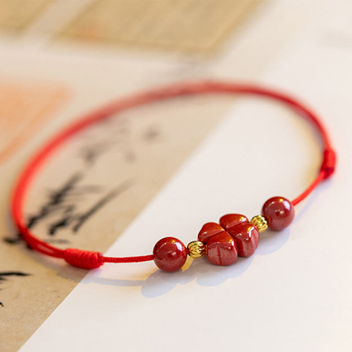 Buddha Stones Four Leaf Clover Cinnabar Blessing Calm String Bracelet Anklet - image 14