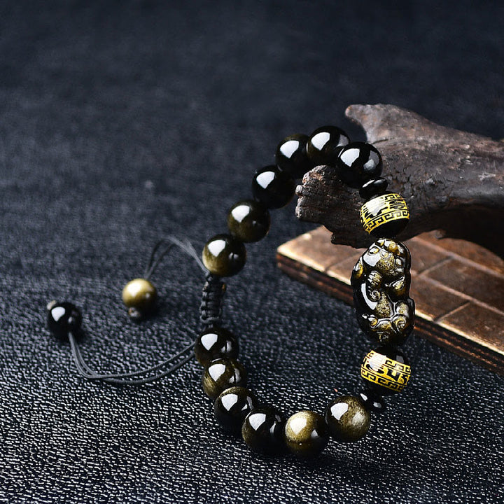 Buddha Stones Natural Gold Sheen Obsidian PiXiu Om Mani Padme Hum Wealth Braided Bracelet - image 5