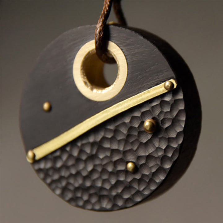 Buddha Stones Handcrafted Round Ebony Wood Brass Copper Peace Necklace Pendant - image 7