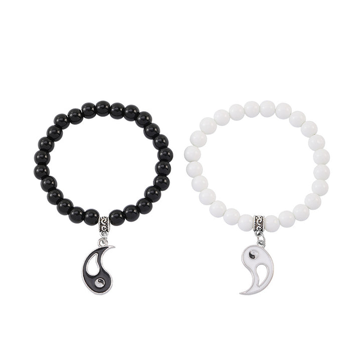 Buddha Stones 2Pcs Black Onyx White Turquoise Bead Yin Yang Protection Couple Bracelet - Love Pattern Yin Yang - image 5