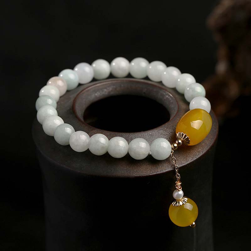 Buddha Stones Natural White Jade Agate Protection Bracelet - Yellow Agate(Wrist Circumference: 14-16.5cm) - image 0