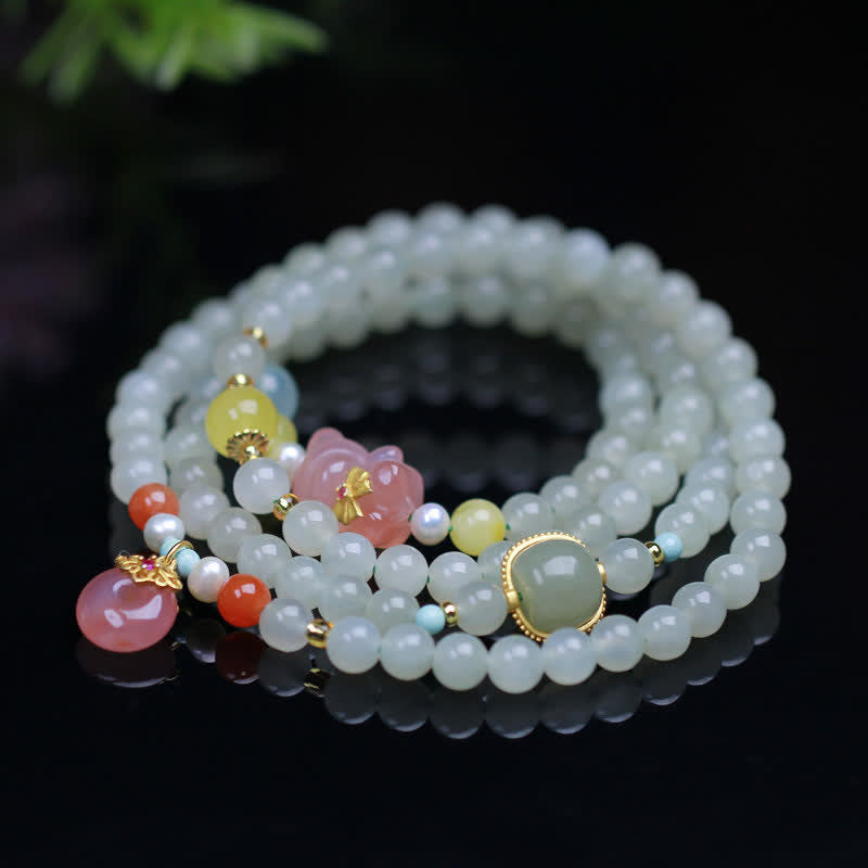 Buddha Stones Natural Hetian Jade Pink Crystal Peace Buckle Happiness Abundance Bracelet - image 1