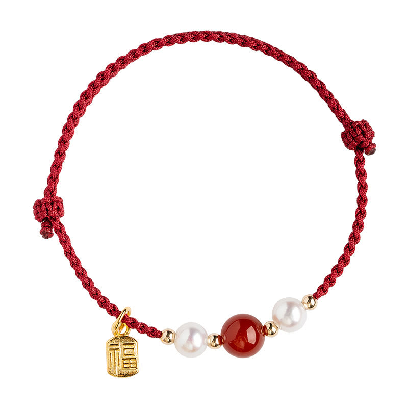 Buddha Stones 925 Sterling Silver Good Fortune Fu Character Agate Pearl Red String Braid Bracelet - image 9
