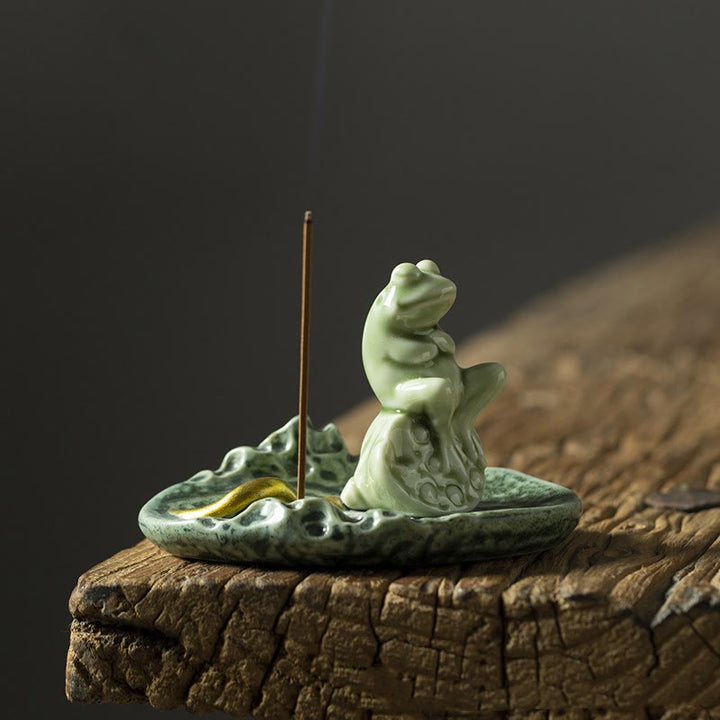Buddha Stones Leaf Meditation Frog Pattern Healing Ceramic Incense Burner Decoration - Sitting Frog 10.8*7.8*7cm - image 11