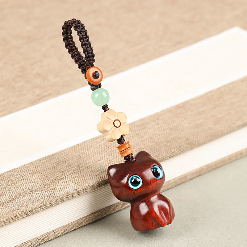 Buddha Stones Mini Small Leaf Red Sandalwood Ebony Wood Lucky Cat Lovely Kitty Peace Key Chain Phone Hanging Decoration - Key Chain - Small Leaf Red Sandalwood Cat - image 10