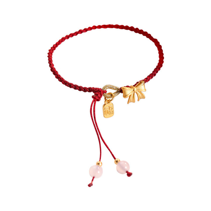 Buddha Stones Handmade Peach Blossom Rosette Bow Knot Fu Character Charm Luck Fortune Red Rope Bracelet - image 8