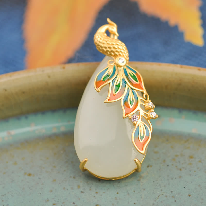 White Jade Peacock Protection Necklace Chain Pendant - image 2