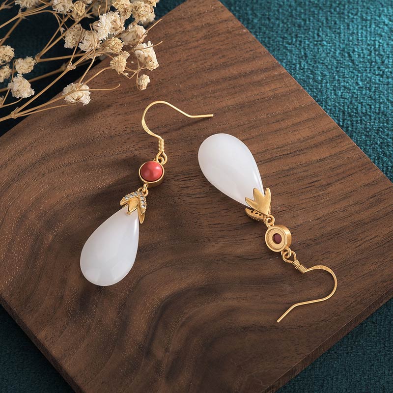 Buddha Stones FengShui White Jade Luck Drop Earrings - image 10