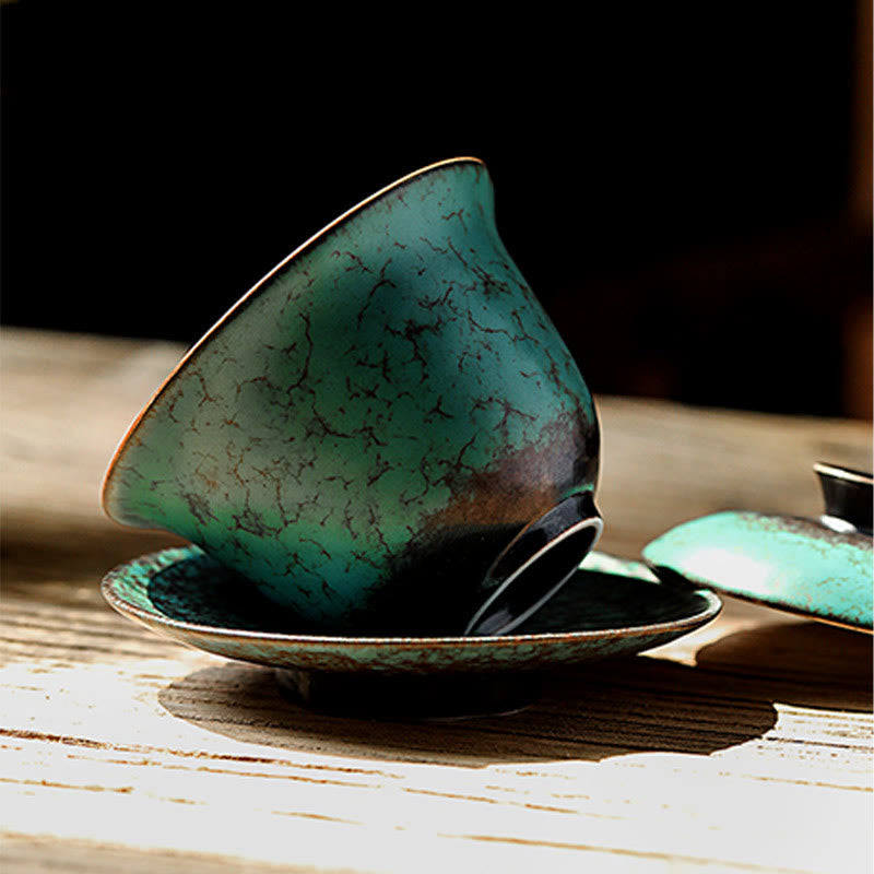 Buddha Stones Retro Green Glaze Ceramic Gaiwan Sancai Teacup Kung Fu Tea Cup And Saucer With Lid - image 4