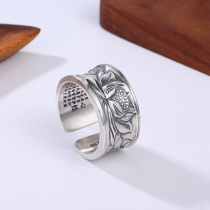 Buddha Stones 999 Sterling Silver Lotus Flower Heart Sutra Protection Ring - image 0