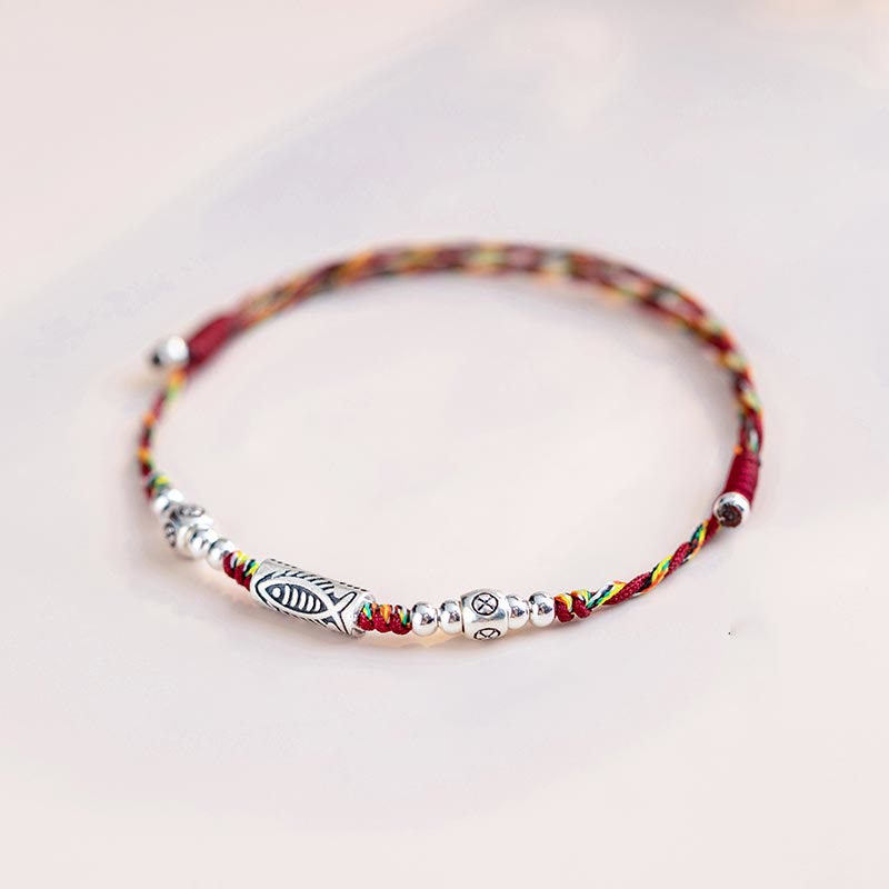 Buddha Stones 925 Sterling Silver Luck Koi Fish Braided Colorful String Bracelet Anklet - image 2