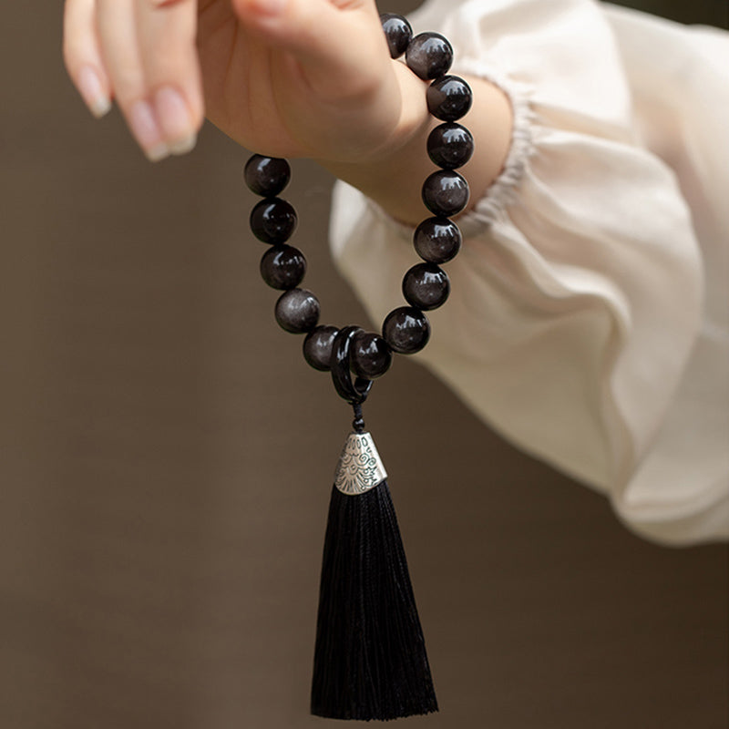 Buddha Stones Natural Silver Sheen Obsidian Black Obsidian Lion Wrist Mala Protection Tassels Pocket Mala Car Decoration - image 6