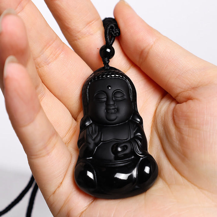 Buddha Stones Natural Black Obsidian Crystal Buddha Strength Protection Amulet Lucky Charm Pendant Necklace - image 4