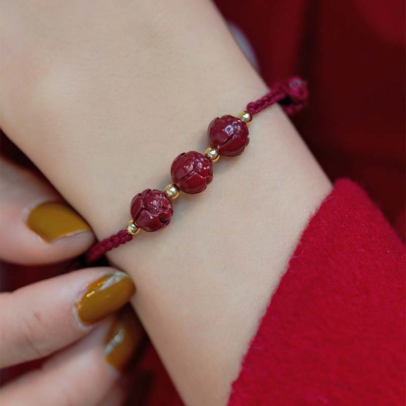 Buddha Stones Cinnabar Jade Lotus Calm Red String Weave Bracelet - image 2