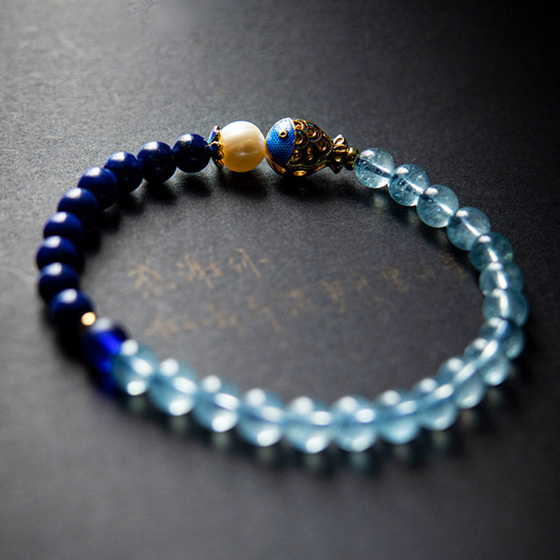 Buddha Stones Natural Aquamarine Lazurite Fish Healing Bracelet - image 1
