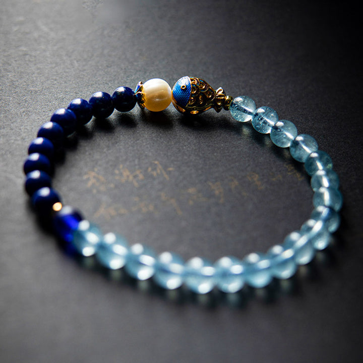 Buddha Stones Natural Aquamarine Lazurite Fish Healing Bracelet - image 1
