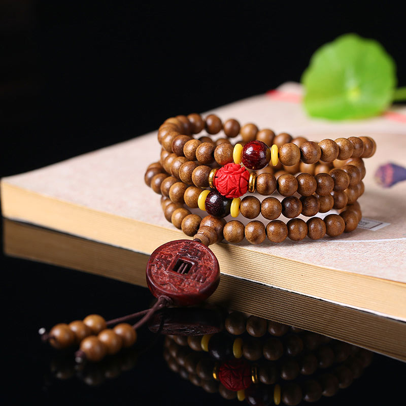 Buddha Stones 108 Mala Beads Peach Wood Bodhi Seed Lotus Prayer Meditation Bracelet - Coin Peach Wood - image 4