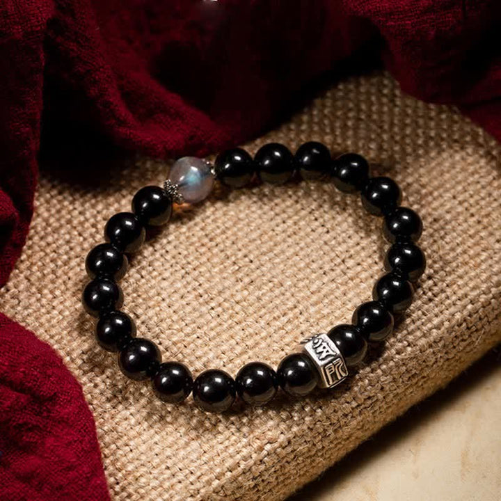 Buddha Stones Chinese Zodiac Natal Buddha 925 Sterling Silver Black Obsidian Moonstone Strength Bracelet - Dog/Pig-Amitabha Buddha - image 0