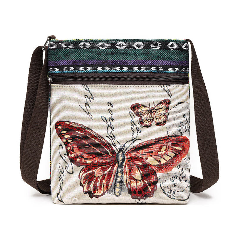 Buddha Stones Elephant Butterfly Embroidered Canvas Tote Bag Shoulder Bag Crossbody Bag - Red Butterfly - image 27
