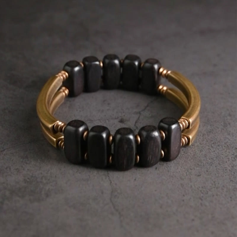 Buddha Stones Tibetan Ebony Wood Brass Copper Balance Double Layer Bracelet - image 1