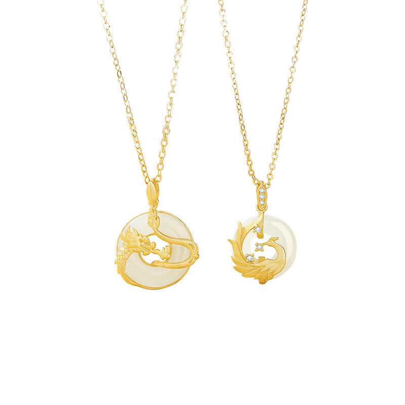 Buddha Stones 925 Sterling Silver Year of the Dragon Hetian Jade Golden Dragon Phoenix Peace Buckle Luck Necklace Pendant - image 9