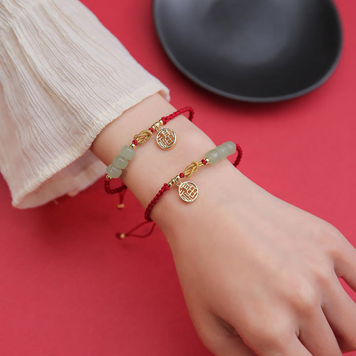 Buddha Stones Handcrafted Jade Bead Fu Character Charm Luck Red Rope Bracelet - image 6