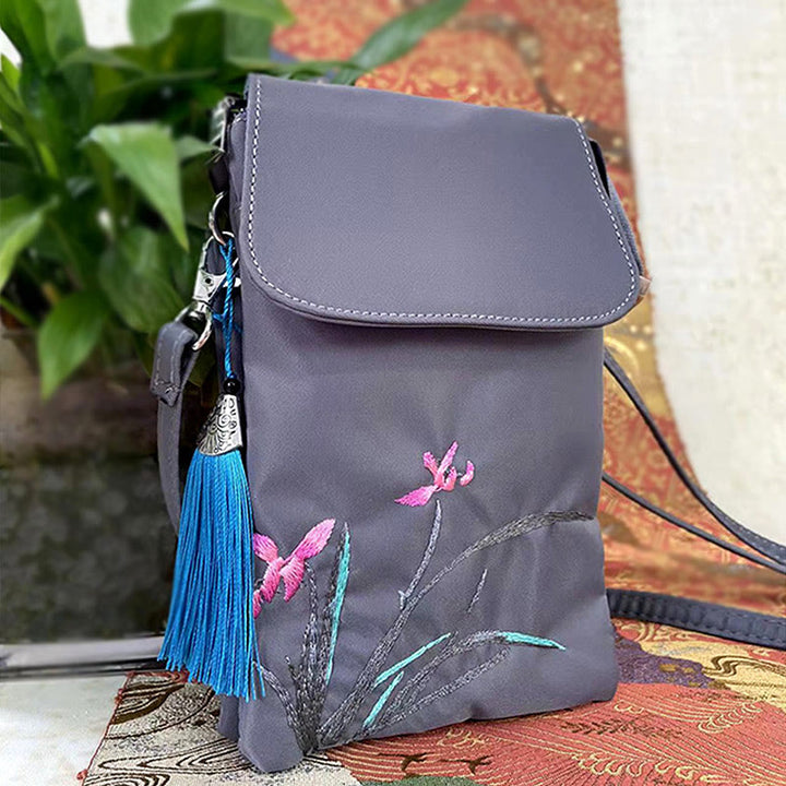 Buddha Stones Waterproof Handmade Embroidered Lotus Flowers Crossbody Bag Shoulder Bag Cellphone Bag - Gray Flower Grass - image 25