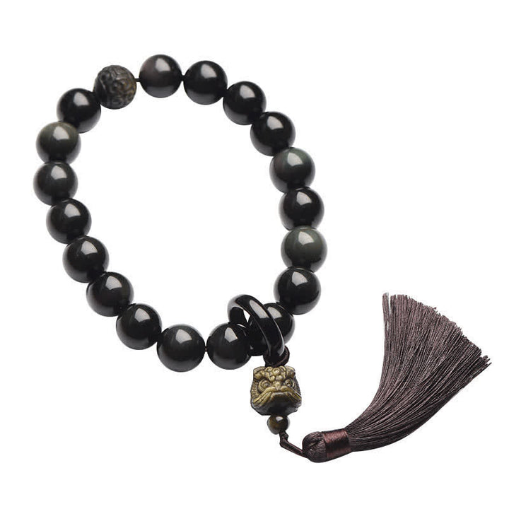 Buddha Stones Natural Black Obsidian Lion Wrist Mala Protection Tassels Pocket Mala Car Decoration - image 6