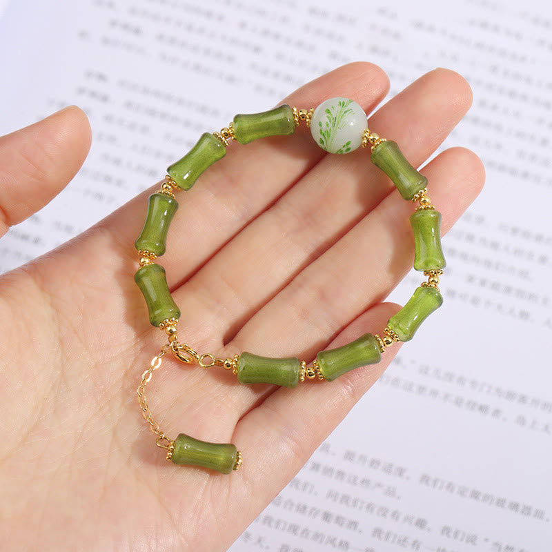 Buddha Stones Green Bamboo Pattern Liuli Crystal Moss Agate Wealth Chain Bracelet - image 4