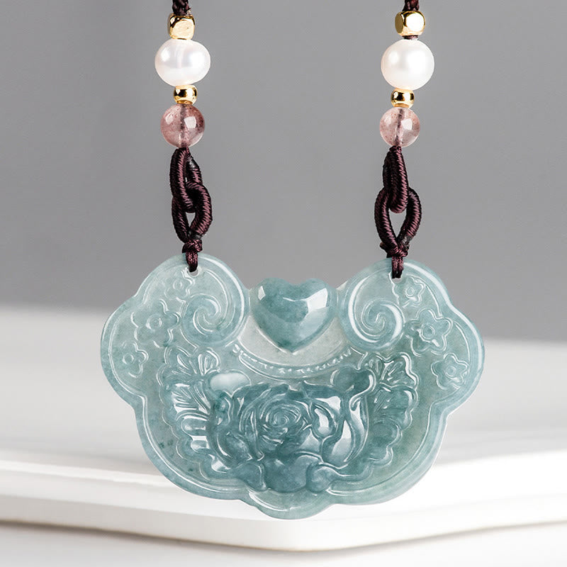 Buddha Stones Natural Jade Peony Flower Lock of Good Wishes Prosperity Necklace Pendant - image 7