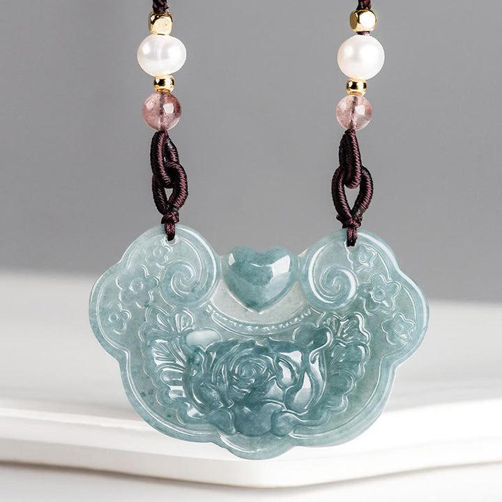 Buddha Stones Natural Jade Peony Flower Lock of Good Wishes Prosperity Necklace Pendant - image 7